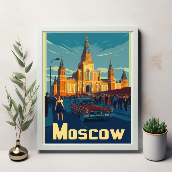 Vintage Moscow Poster Of Iconic Architecture With Classic Car And Elegant Crowd Art For Instant