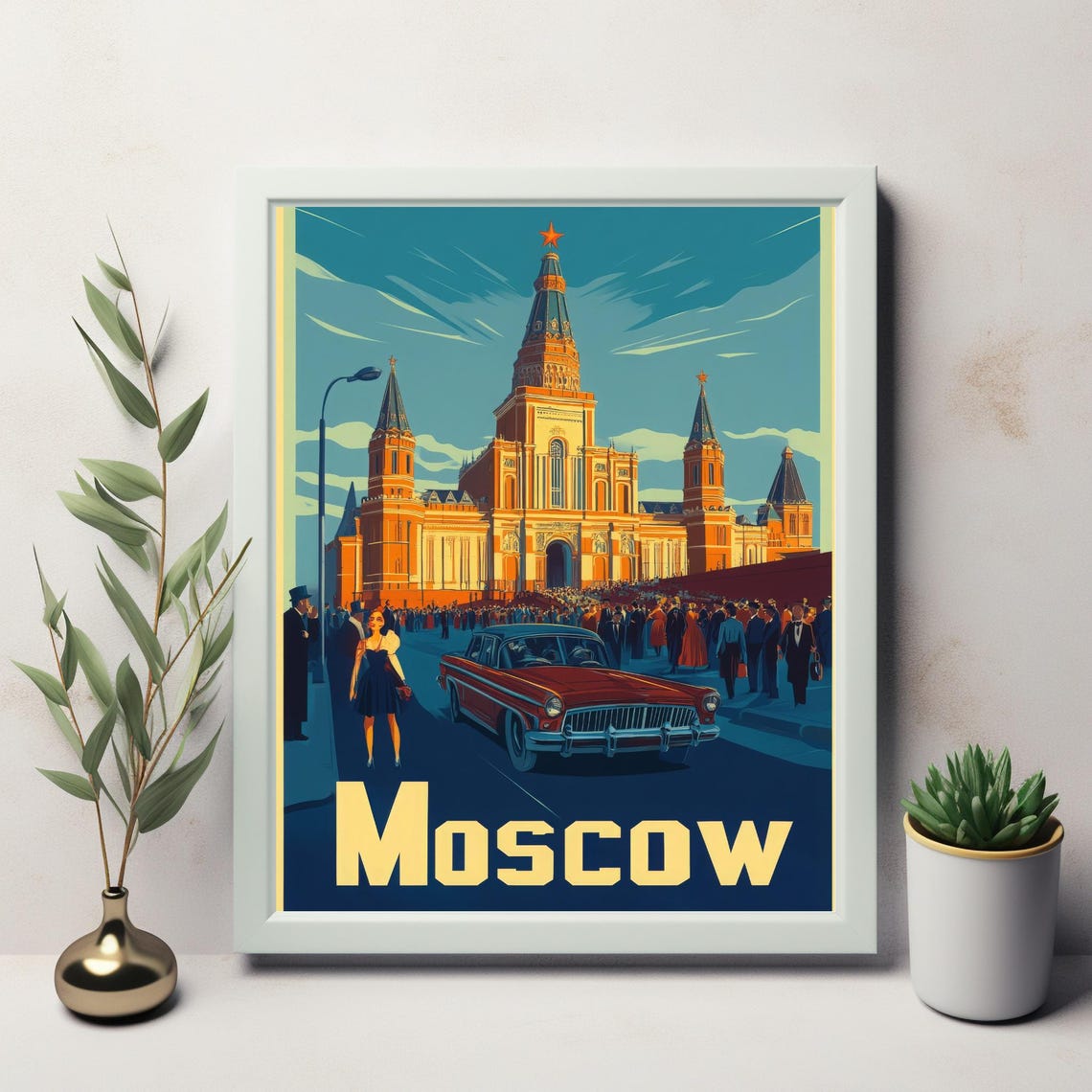 Vintage Moscow Poster Of Iconic Architecture With Classic Car And Elegant Crowd Art For Instant