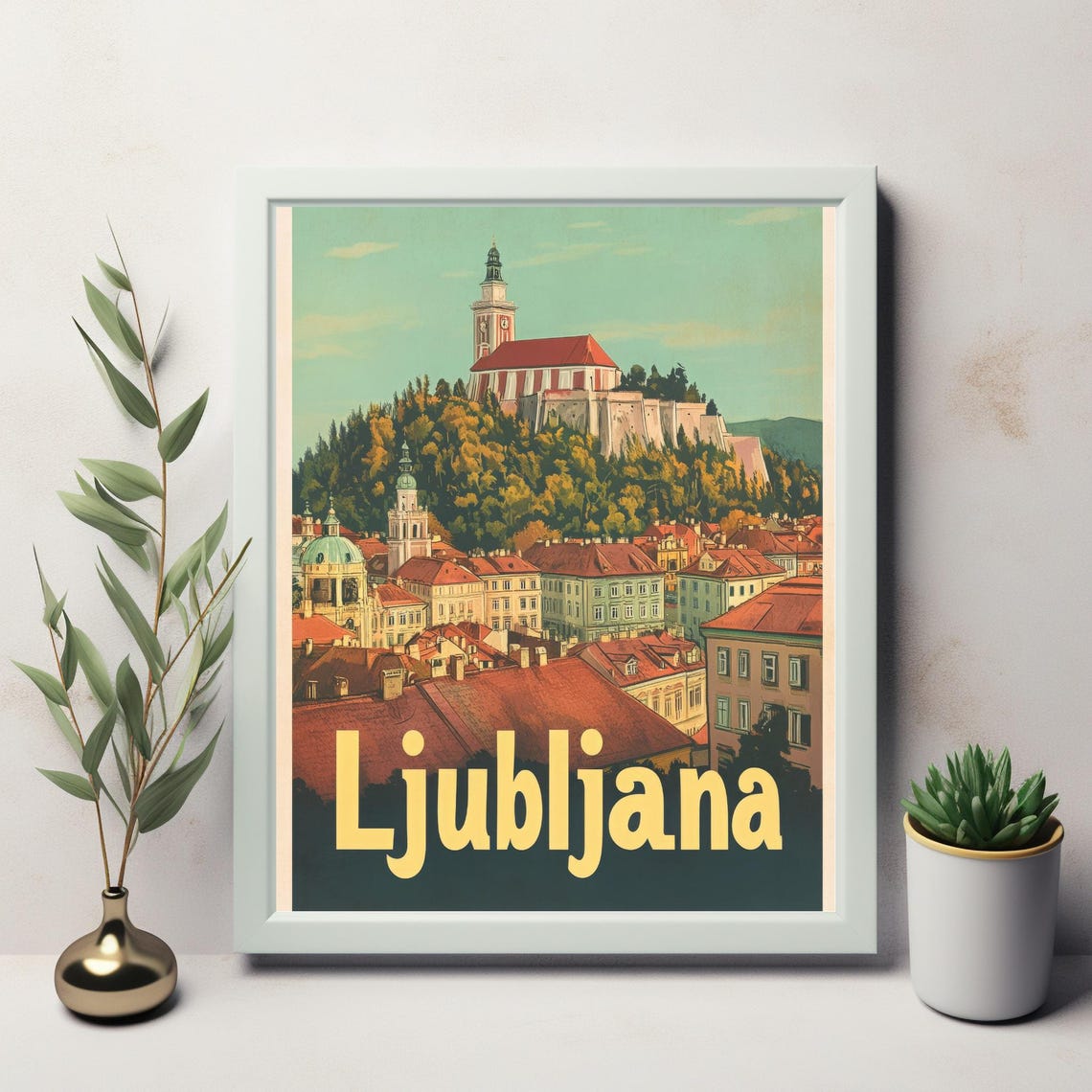 Vintage Ljubljana Illustration Nostalgic Travel Poster With Castle And Rooftops Wall Art