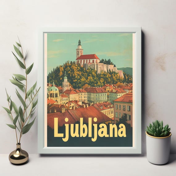 Vintage Ljubljana Illustration Nostalgic Travel Poster With Castle And Rooftops Wall Art