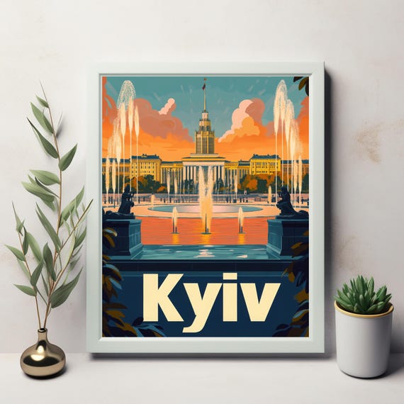 Kyiv A Vintage Travel Poster Illustration At Sunset With Fountains And Historical Architecture