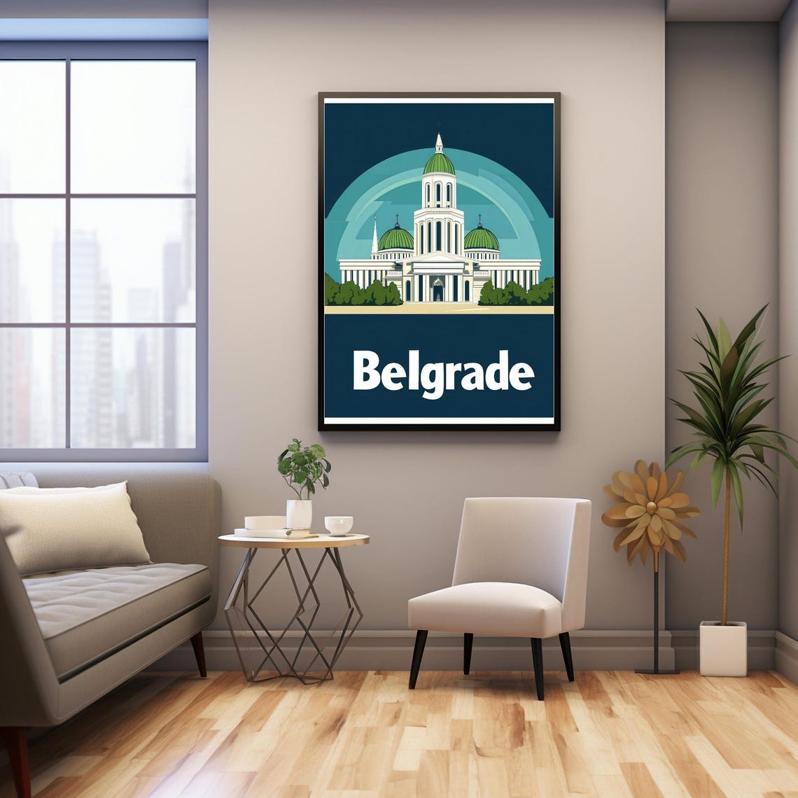 Belgrade A Modern Art Illustration Of A Cathedral With Green Domes And Bold Typography For Wall Art Decor - Image 3