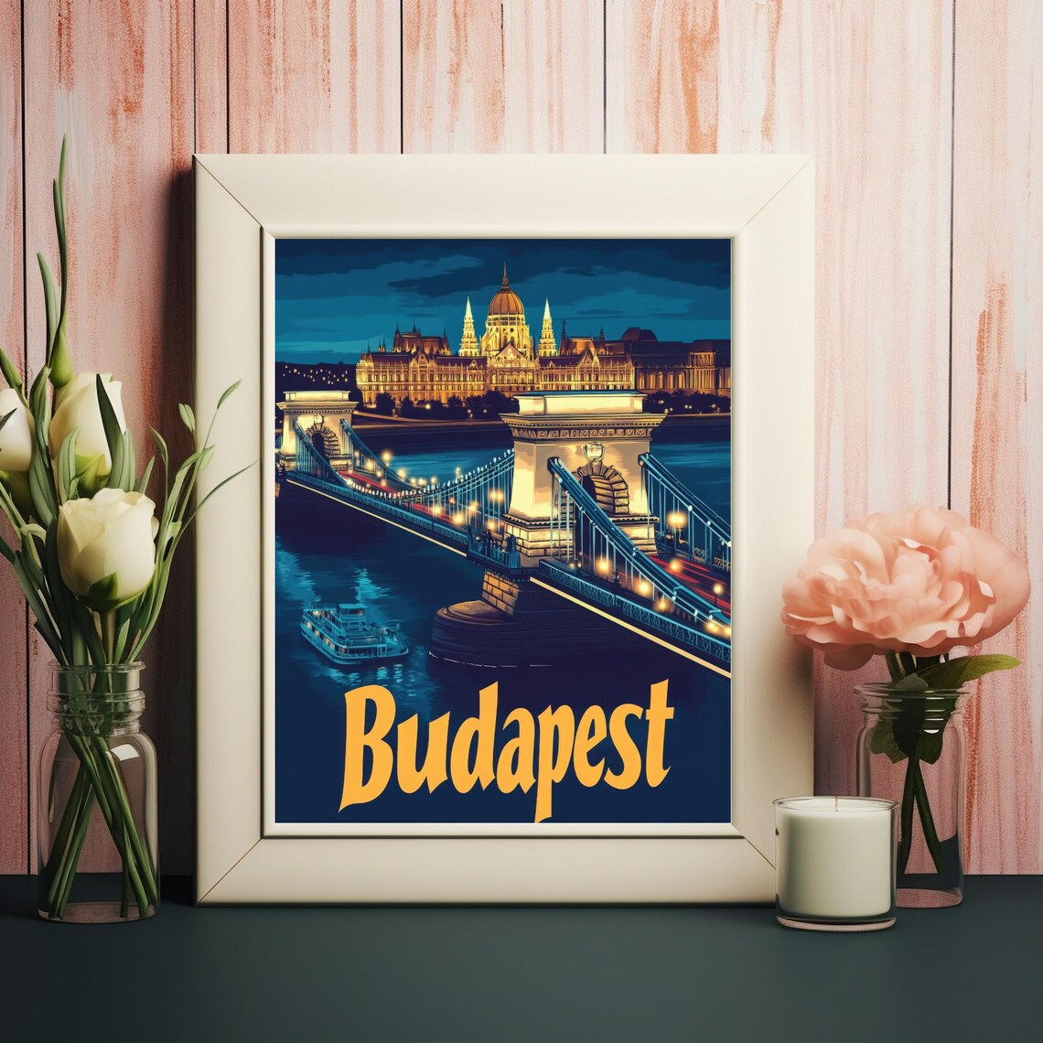 Budapest Travel Poster, Chain Bridge And Parliament
