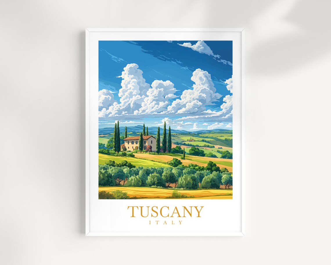 Tuscany Italy Farmhouse Olive Groves Green Valley Travel Poster