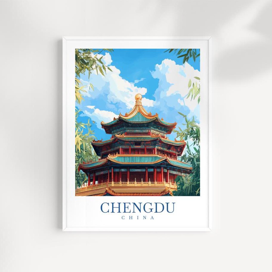Chengdu China Pagoda Traditional Temple Garden Travel Poster