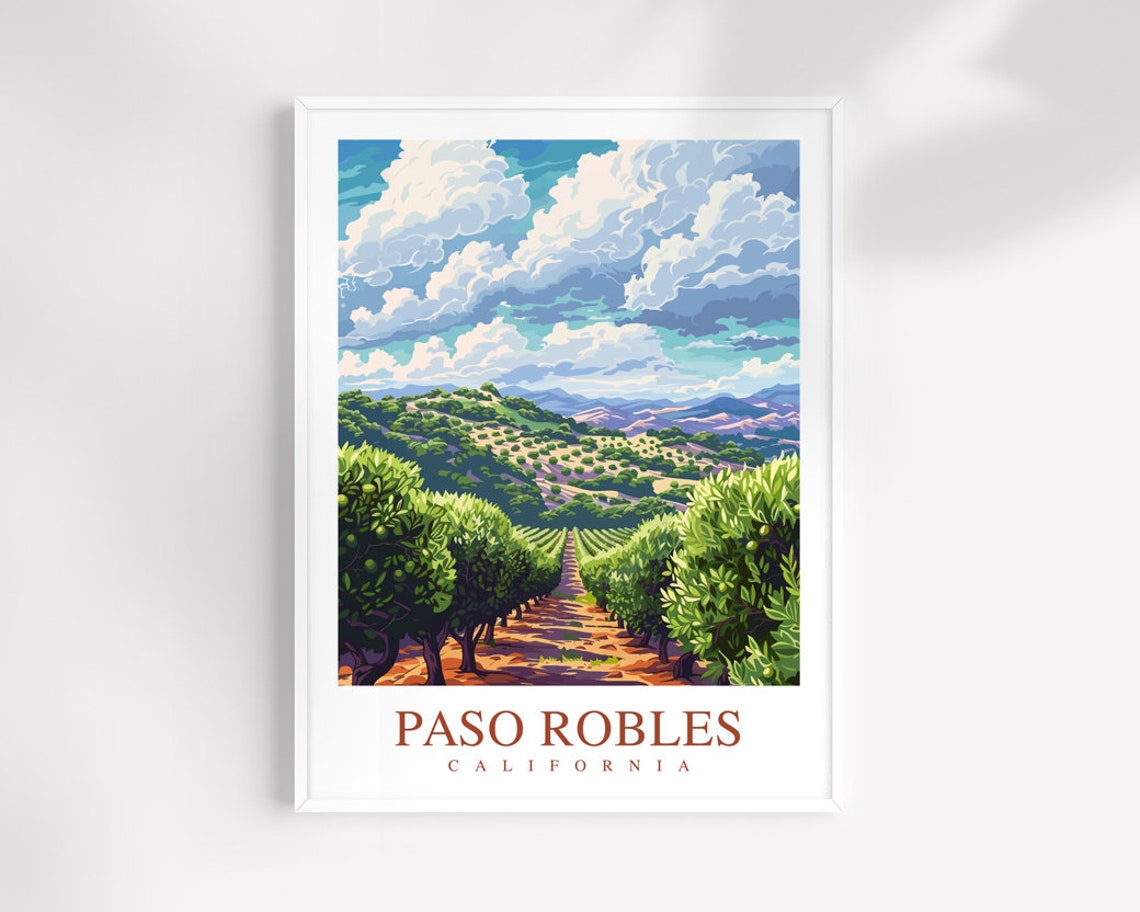 Paso Robles California Vineyard Row Path Hills Wine Travel Poster