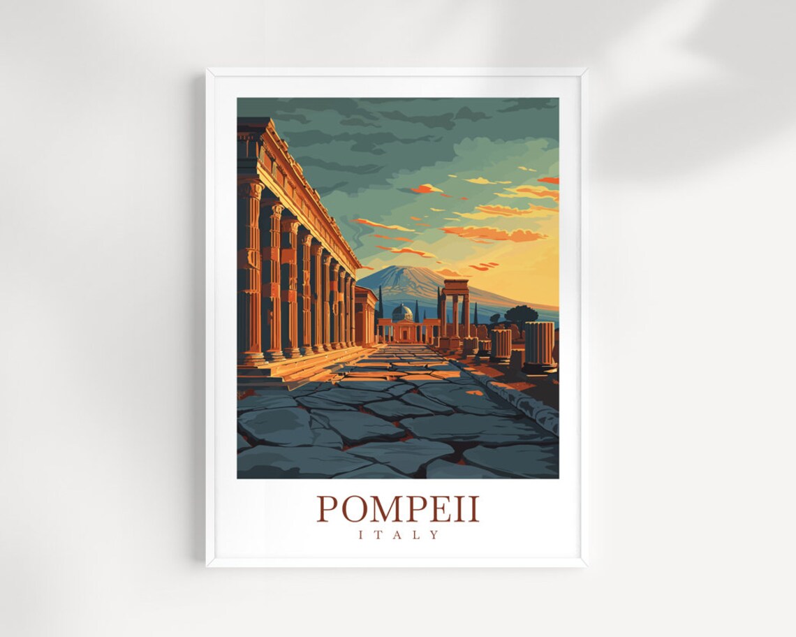 Pompeii Italy Ancient Ruins Vesuvius Volcano Vintage Travel Poster