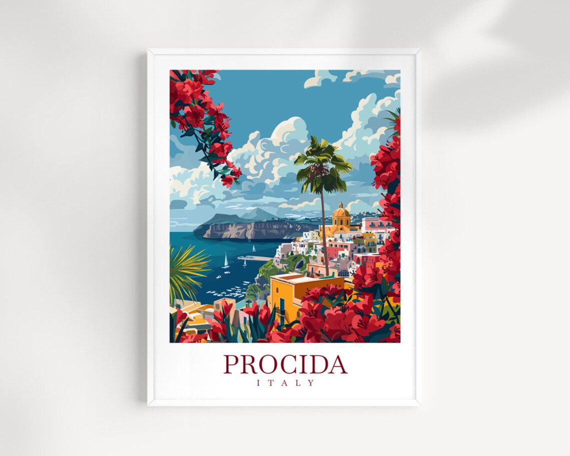 Procida Italy Island Harbor Red Flowers Scenic Travel Poster