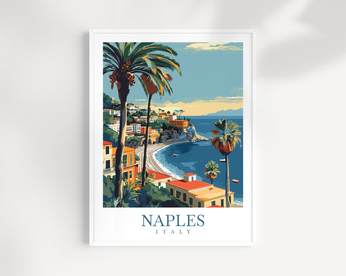 Naples Italy Palms Coastal Town Beach Red Roofs Sea View Poster
