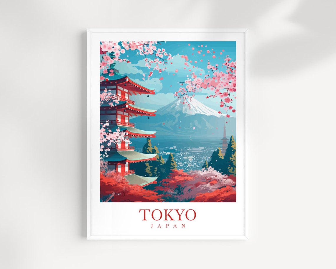 Tokyo Japan Mount Fuji Pagoda Cherry Blossom Spring Travel Poster