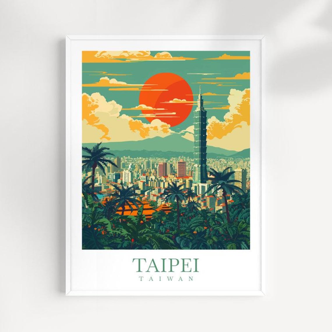Taipei Taiwan Landmark Tower Big Red Sun Retro Travel Poster