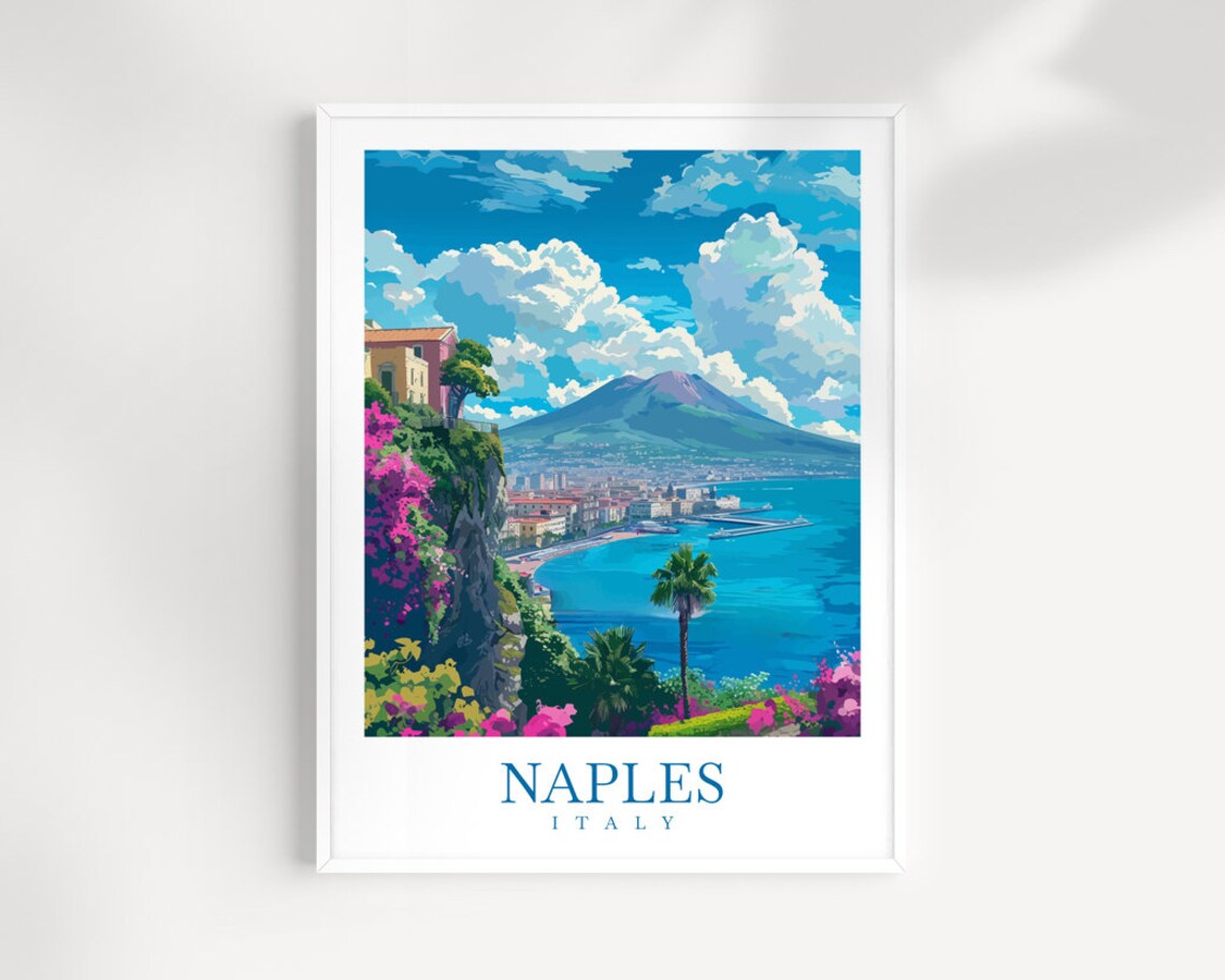 Naples Italy Mount Vesuvius Bay Bougainvillea Cliffs Travel Art Poster