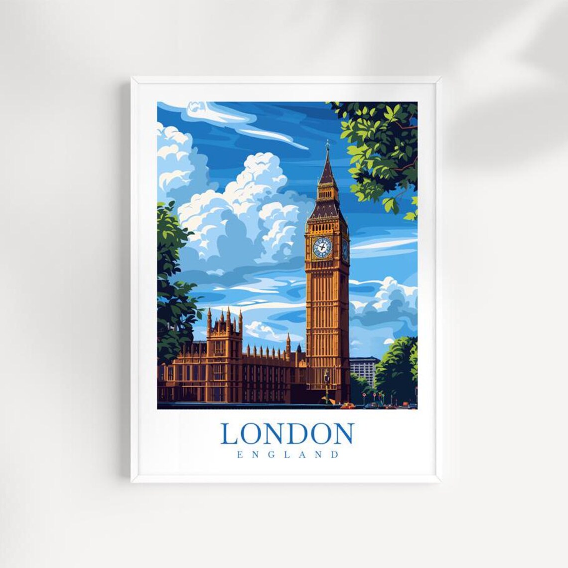 London England Big Ben Houses of Parliament Blue Sky Travel Poster