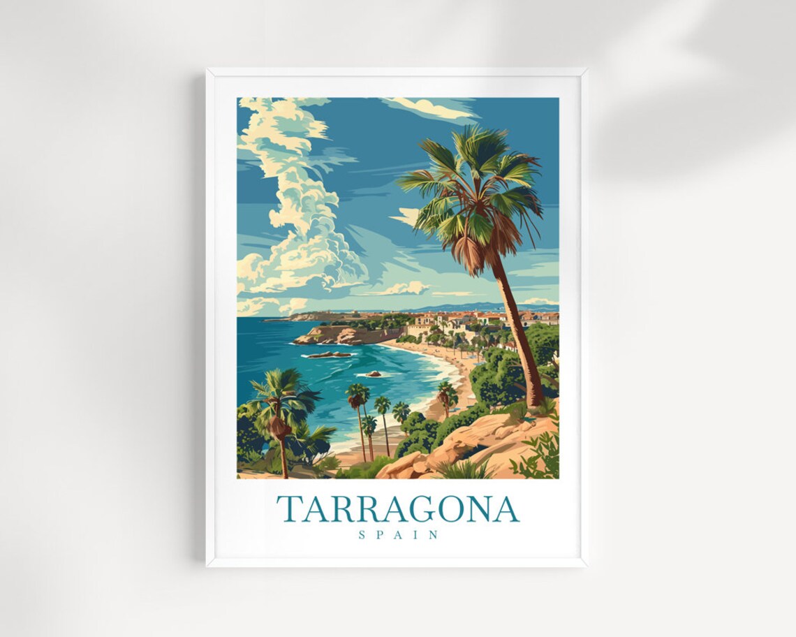 Tarragona Spain Palm Framed Beach Coast View Vintage Travel Poster