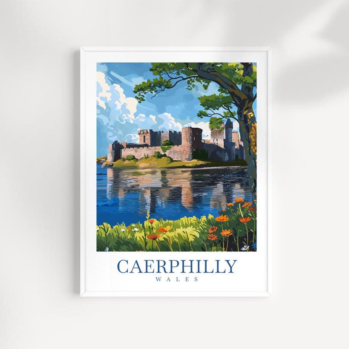 Caerphilly Wales Castle Lake Reflection Floral Travel Poster