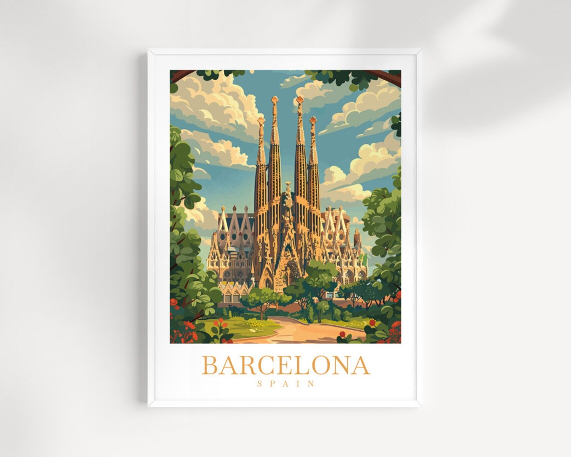 Barcelona Spain Sagrada Familia Spires Garden Vista Scene Poster