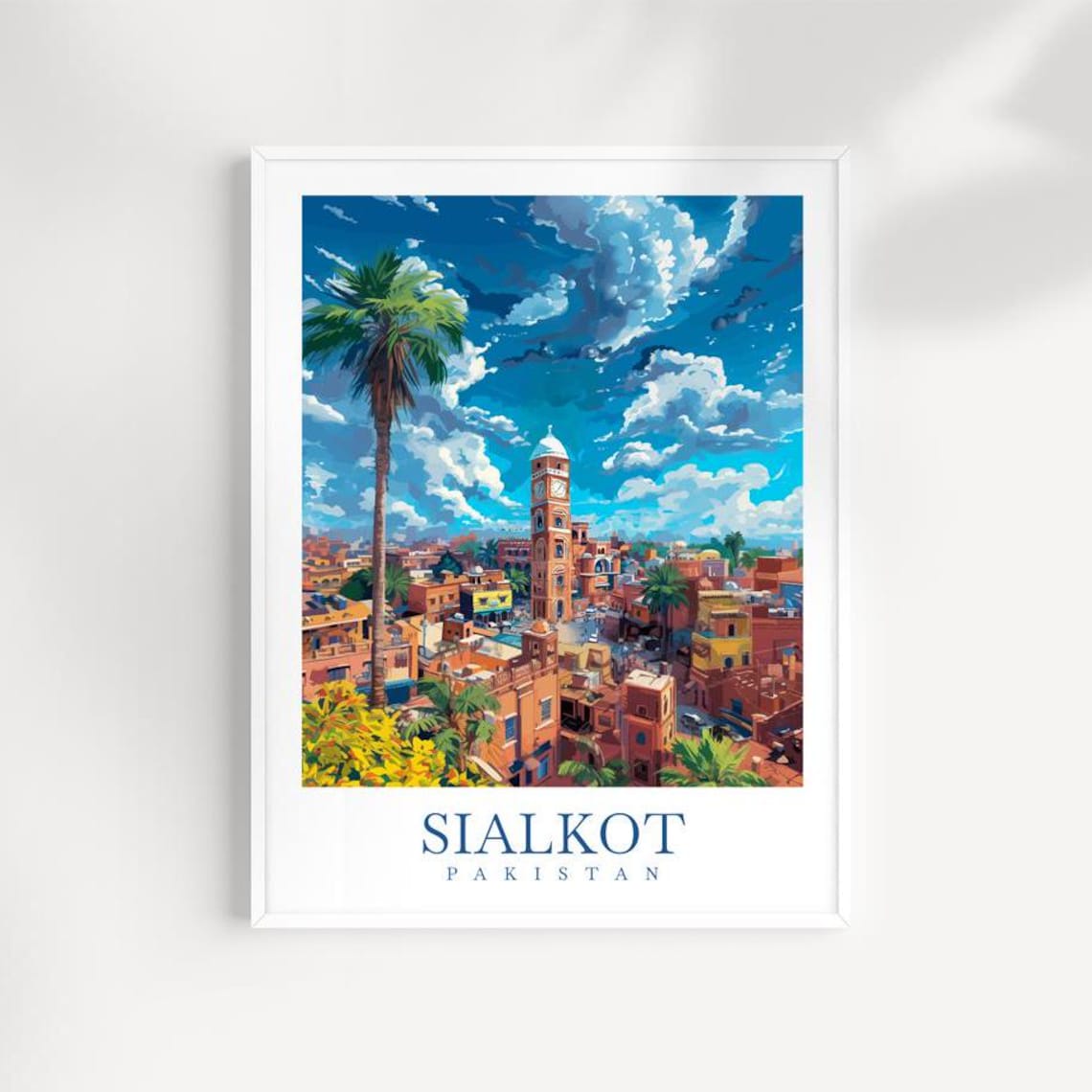Sialkot Pakistan Clock Tower Palm Cityscape Vintage Travel Poster