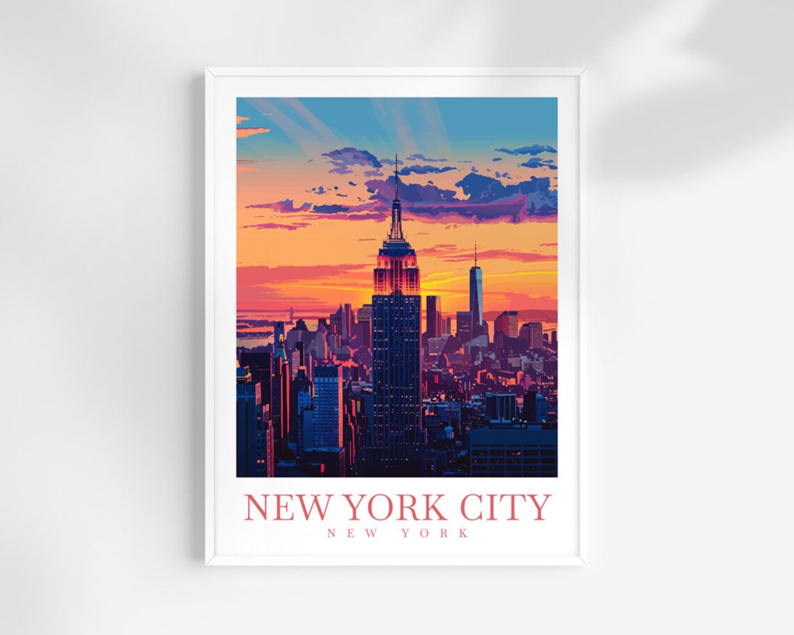 New York City Empire State Building Sunset Skyline Travel Poster