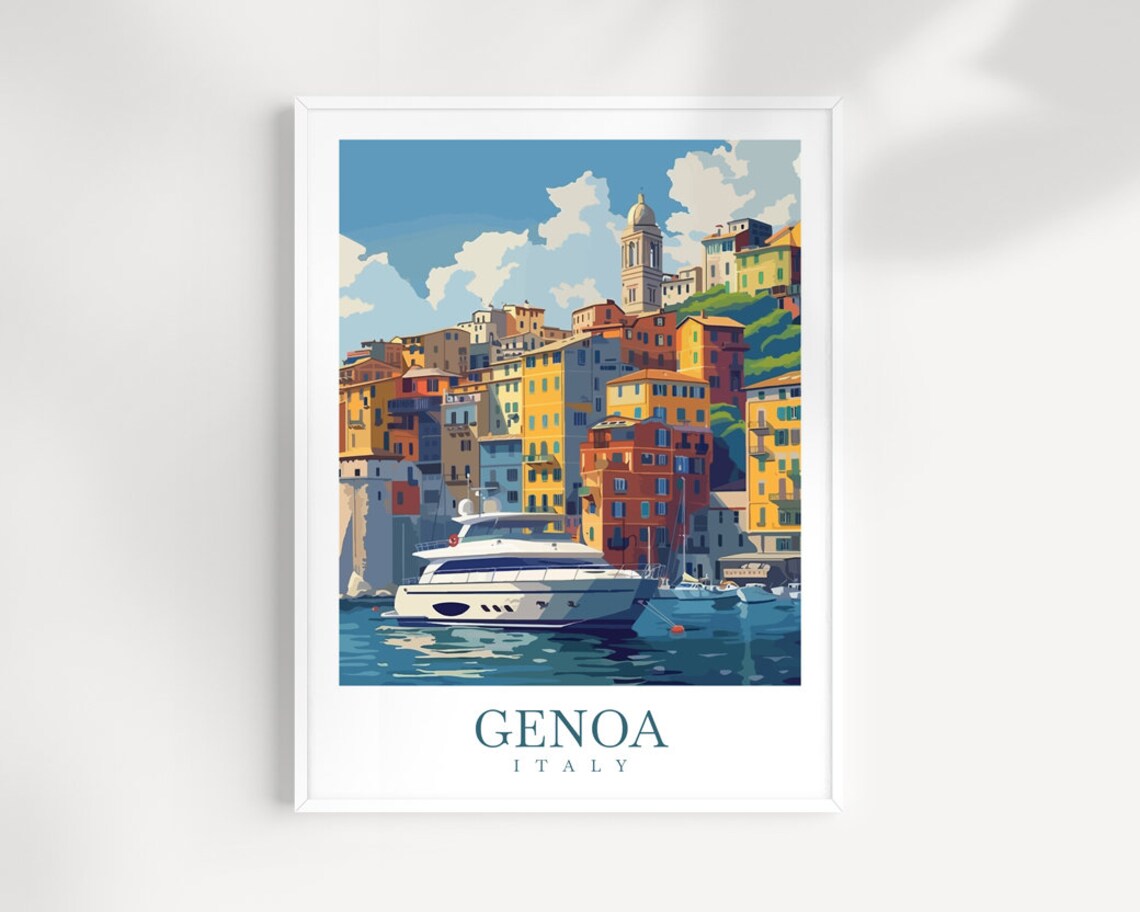 Genoa Italy Colorful Ligurian Waterfront Harbor Yacht Travel Poster