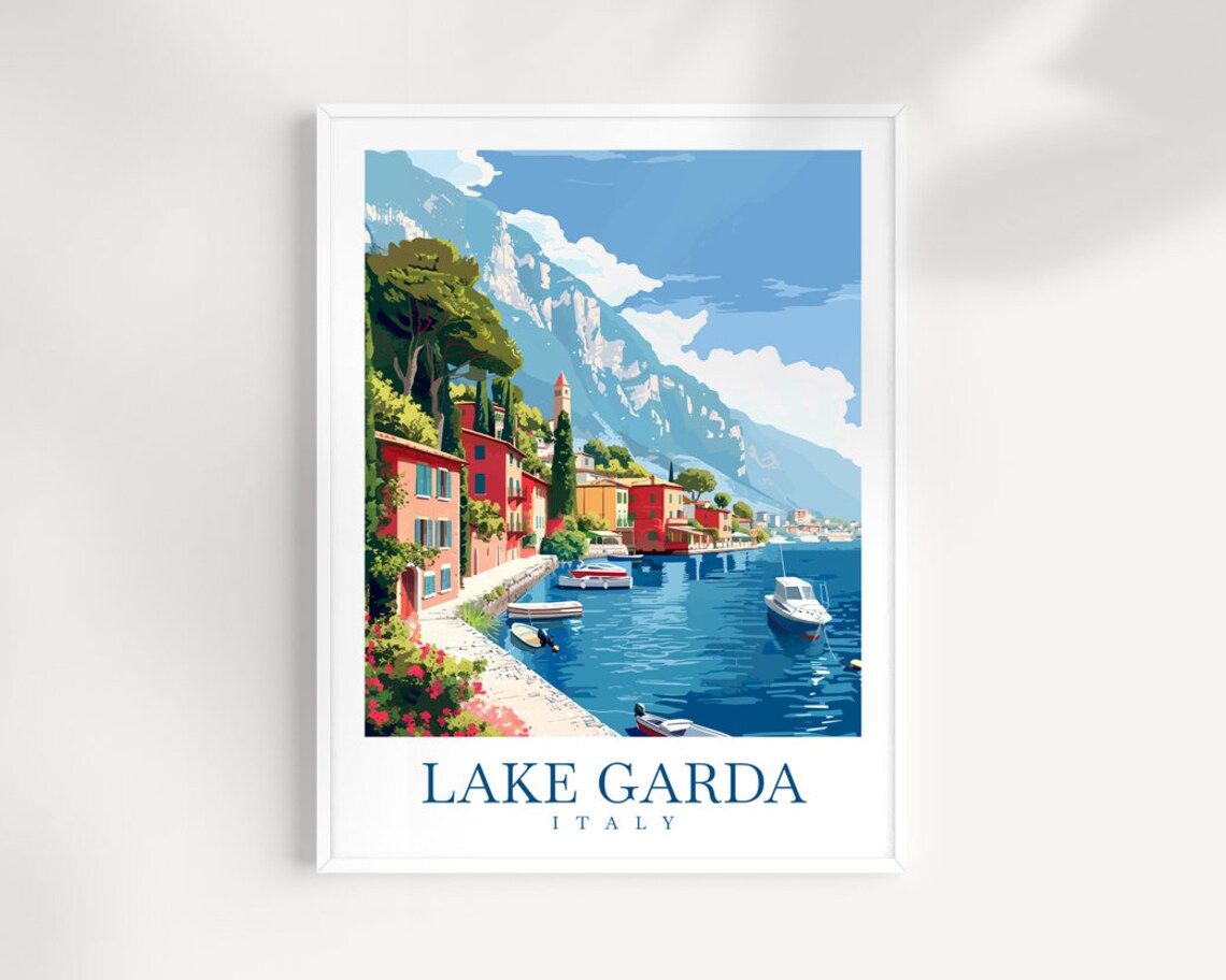 Lake Garda Italy Colorful Harbor Boats Mountain Shore Travel Poster