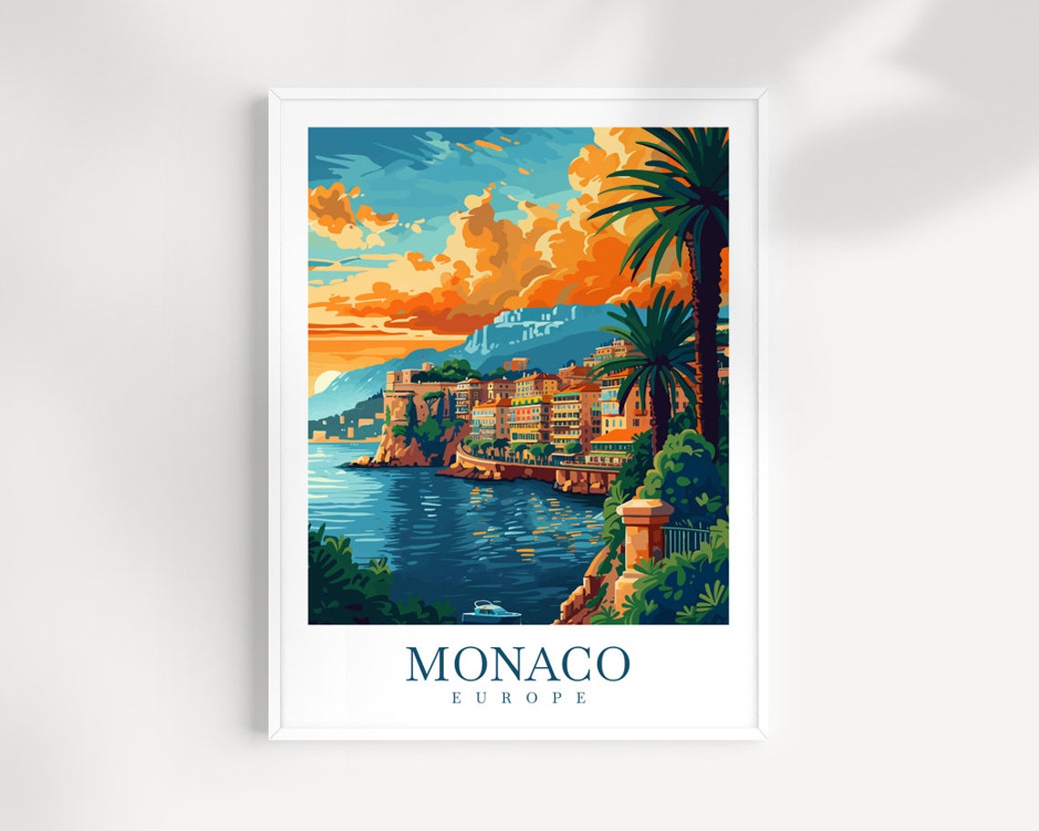 Monaco Europe Coastal Town Golden Sunset Harbor View Art Poster