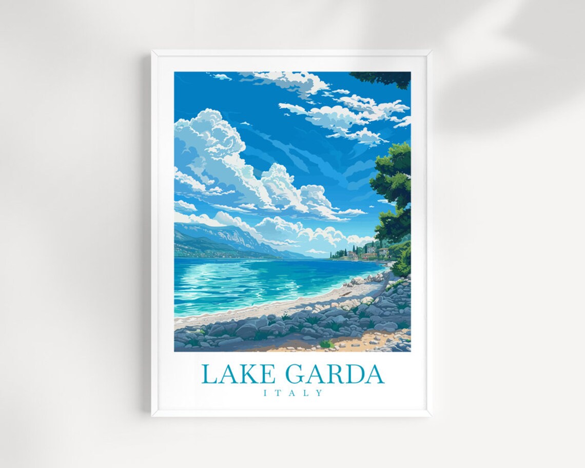 Lake Garda Italy Rocky Beach Blue Water Mountainside Travel Poster