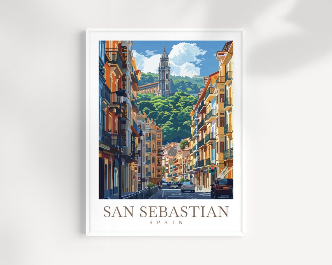 San Sebastian Spain Old Town Street Church Hill Vintage Travel Poster