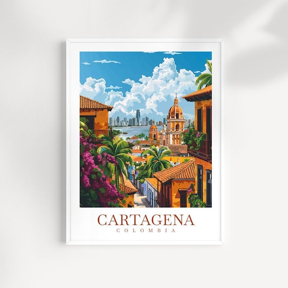 Cartagena Colombia Waterfront Dome Churches and Flower Terraces Travel Poster