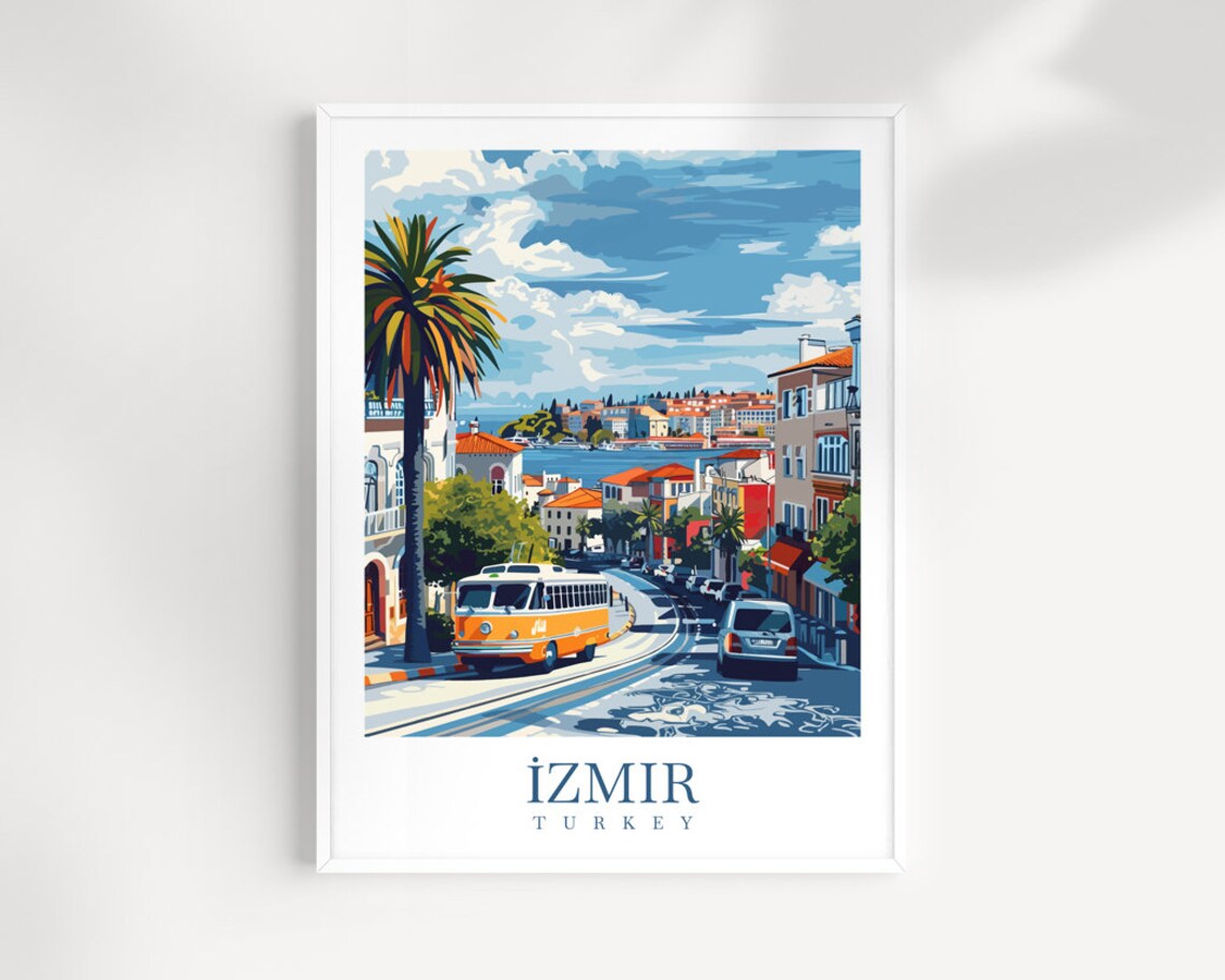 Izmir Turkey Vintage Bus Curved Street Red Roofs Sea View Poster
