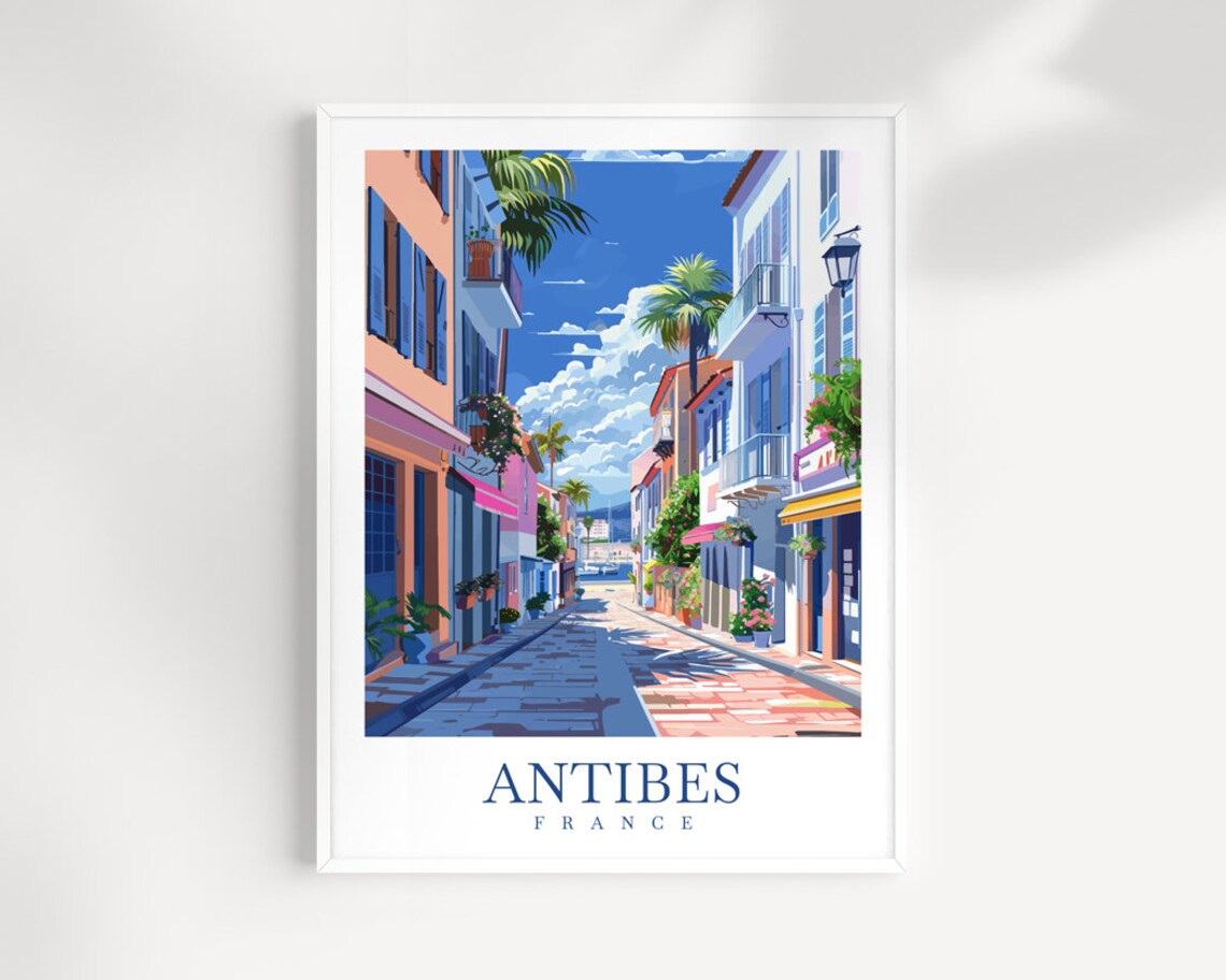 Antibes France Colorful Old Town Street Flower Balconies Travel Poster