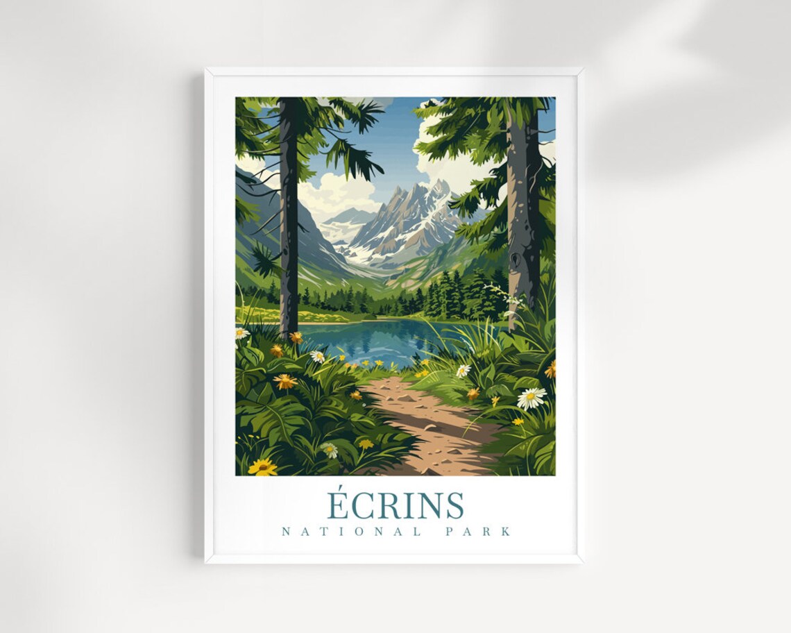 Ecrins National Park France Alpine Lake Wildflower Trail Travel Poster