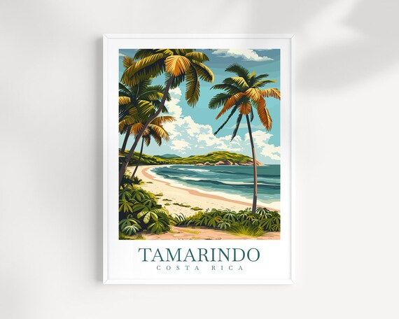 Tamarindo Costa Rica Tropical Beach Palm Vintage Travel Poster
