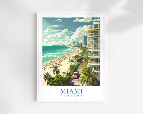 Miami Florida Beachfront with Retro Hotel Art Deco Travel Poster