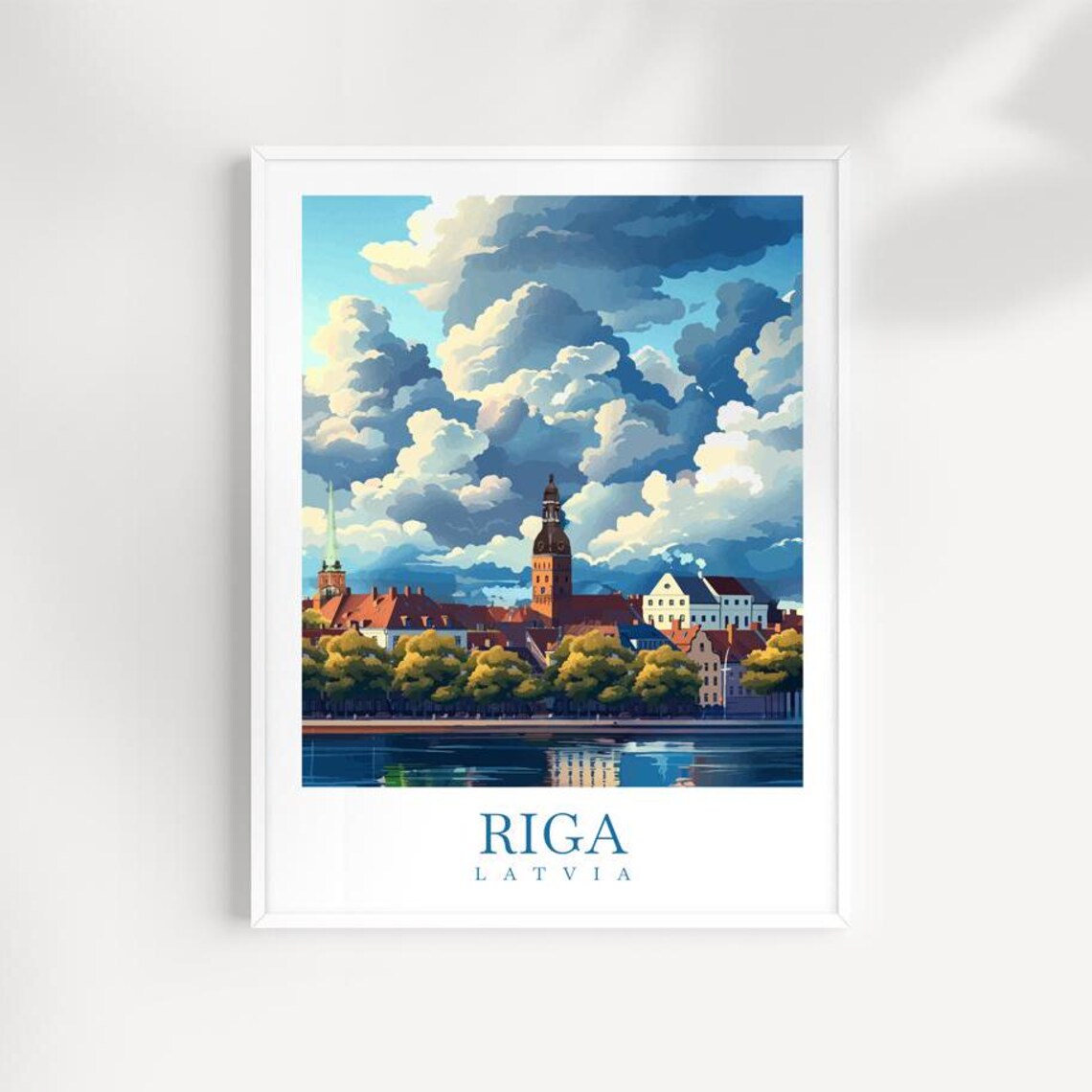 Riga Latvia Riverfront Skyline Church Towers Cloud Travel Poster