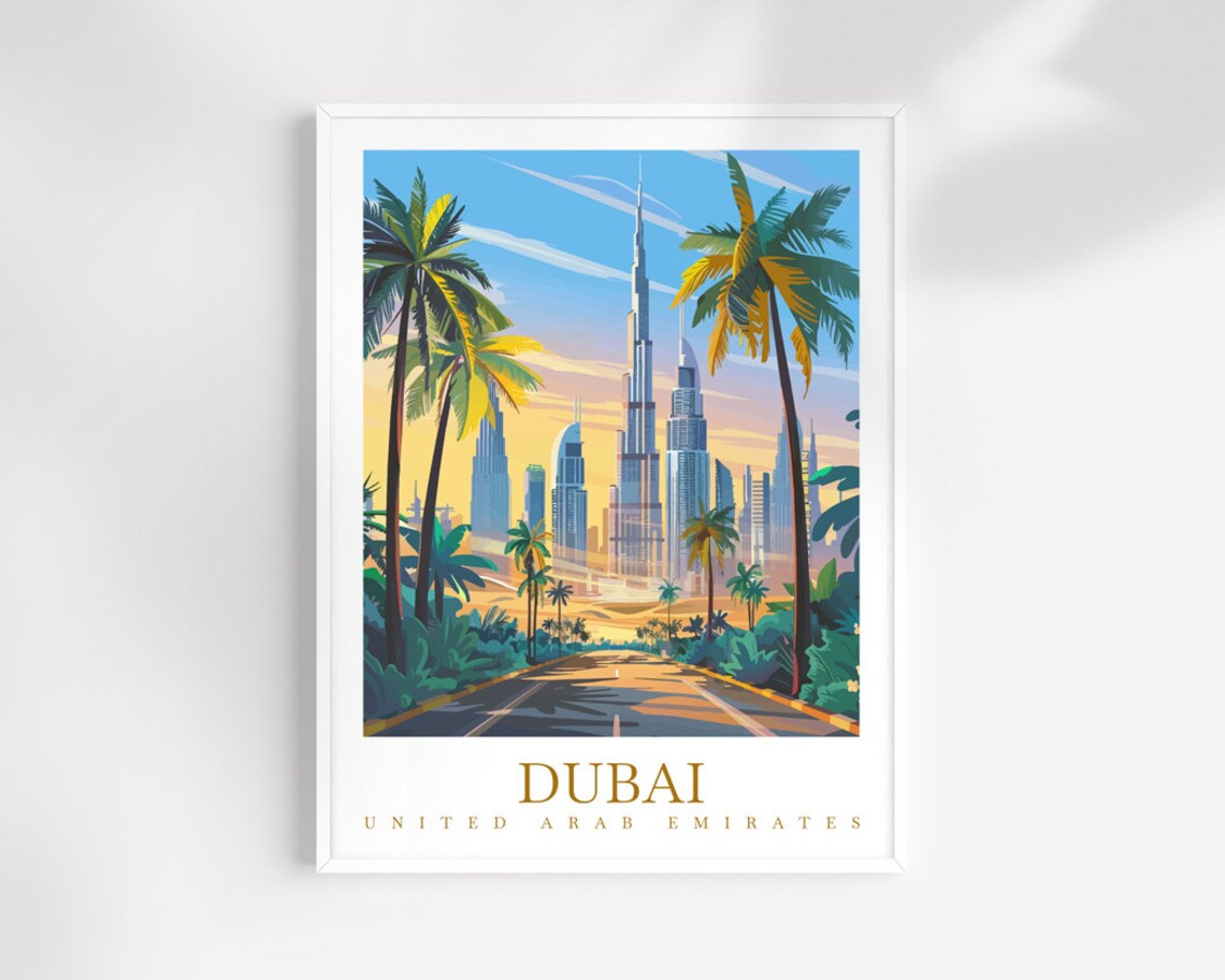Dubai UAE Skyline with Burj Khalifa and Palms Cityscape Poster