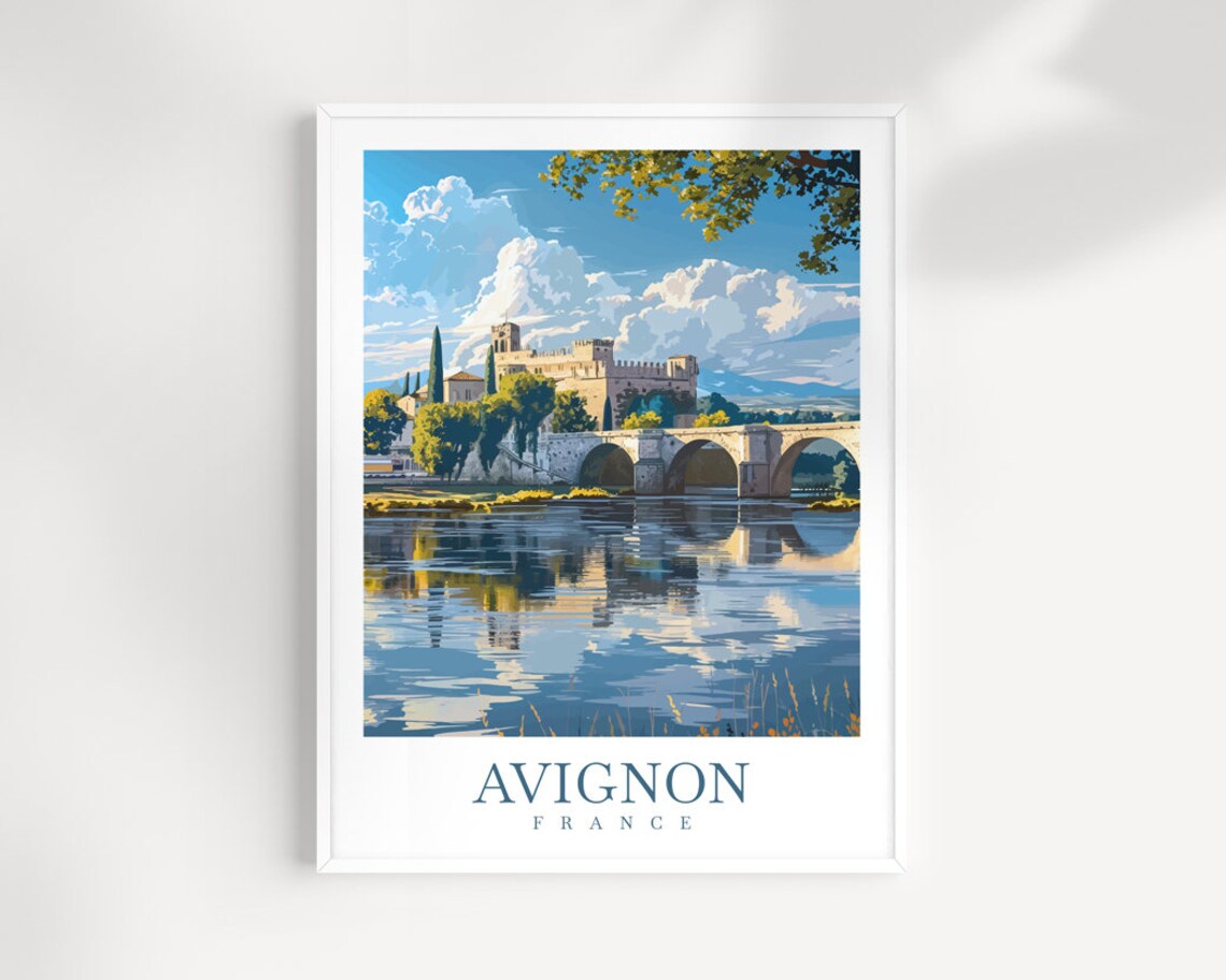Avignon France Riverside Castle Stone Bridge Vintage Travel Poster