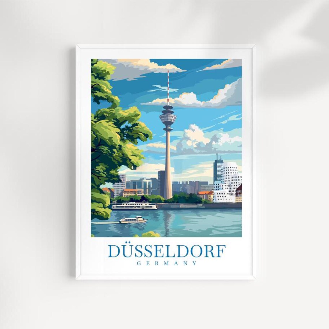 Dusseldorf Germany Rheinturm Tower Rhine Boats Waterfront Poster