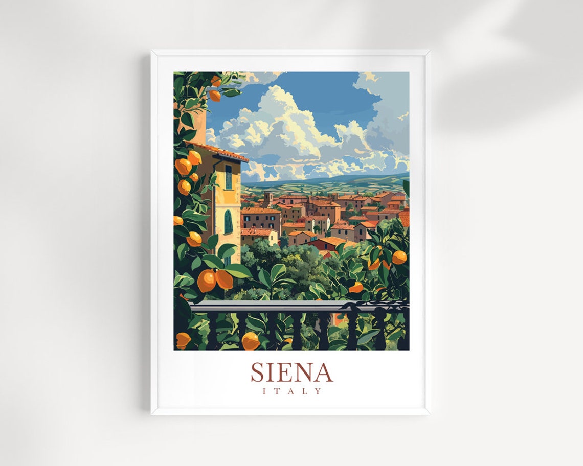 Siena Italy Balcony View Tuscan Rooftops Citrus Trees Travel Poster