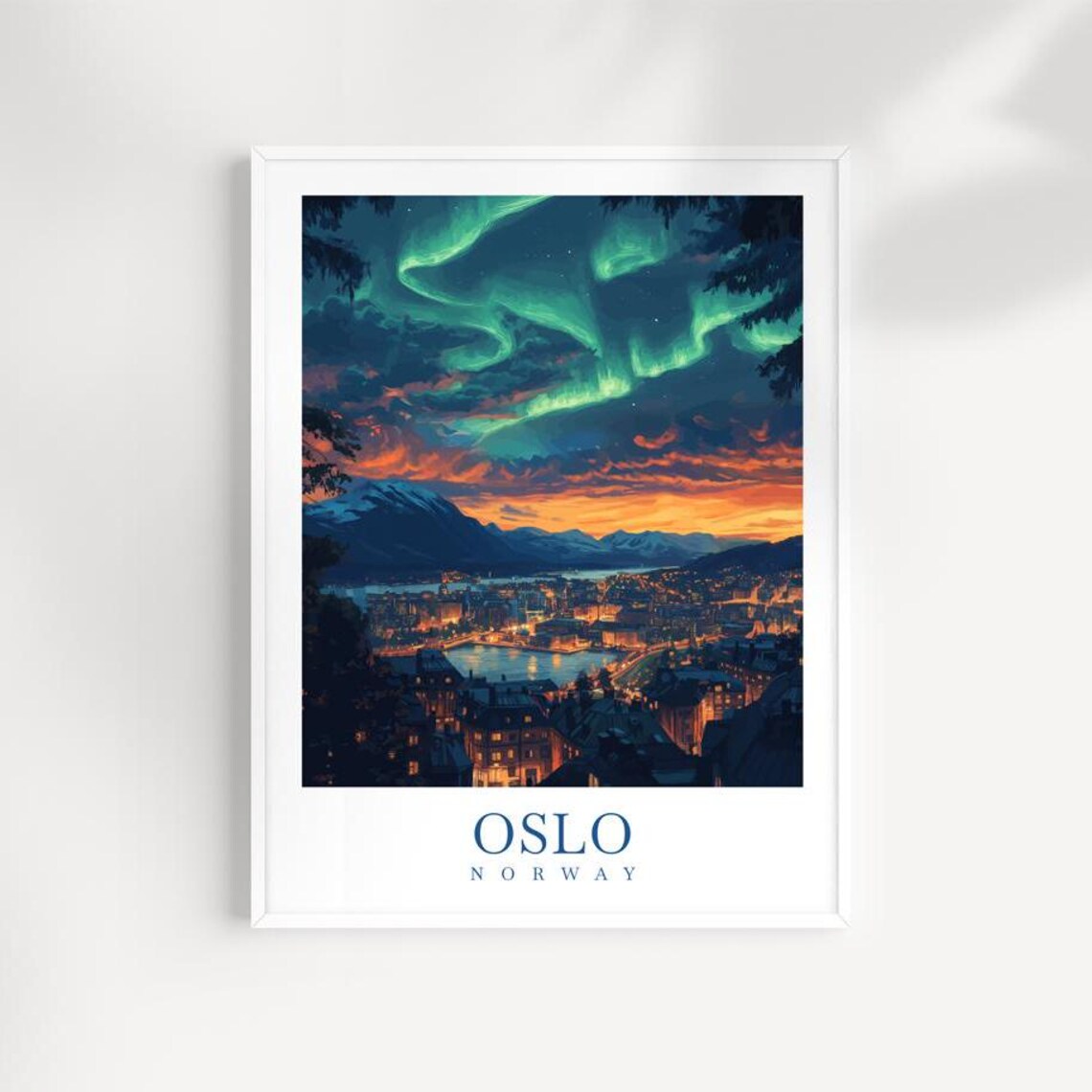 Oslo Norway Northern Lights City Night Aurora Vintage Travel Poster