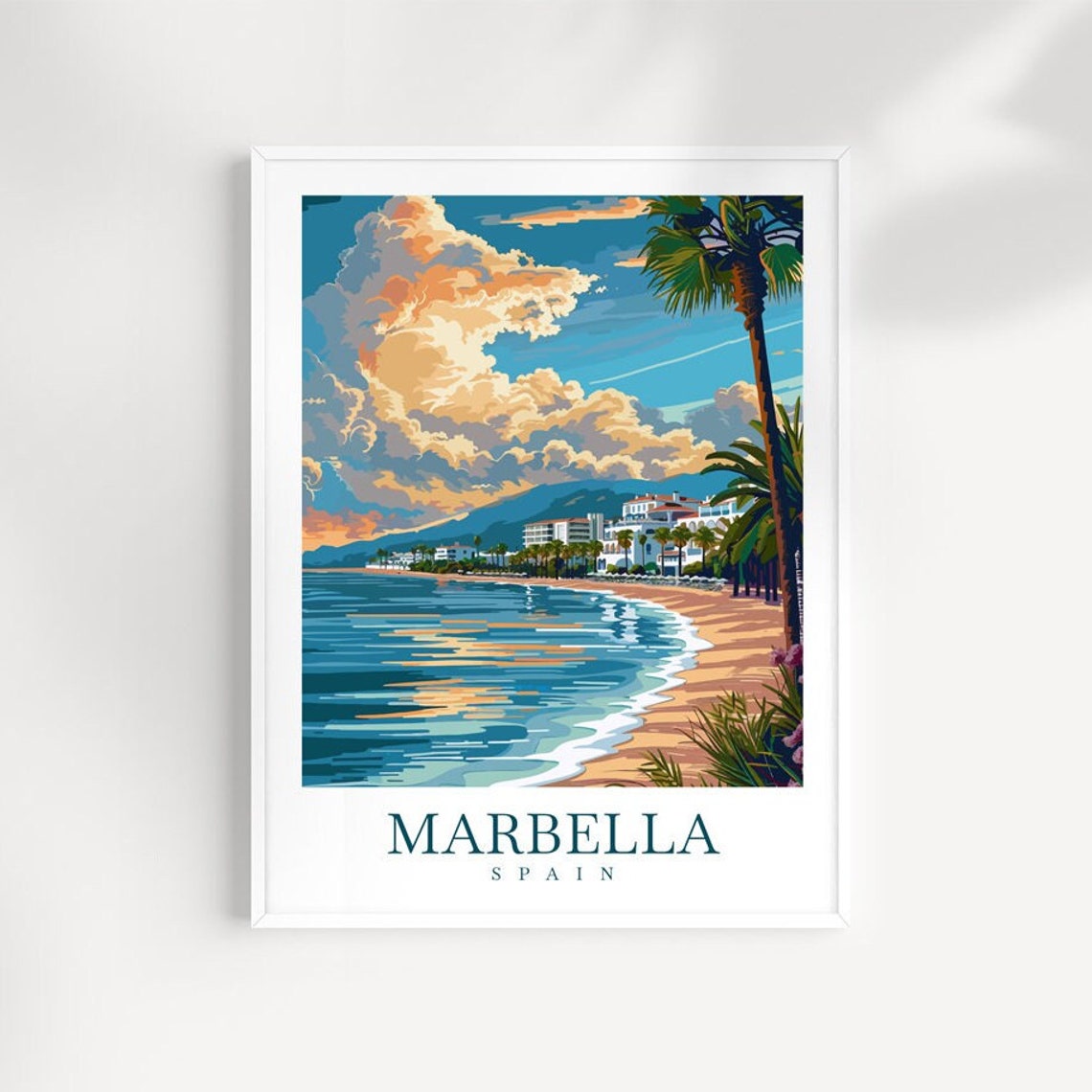 Marbella Spain Sunset Bay Palm Trees Dramatic Clouds Travel Poster