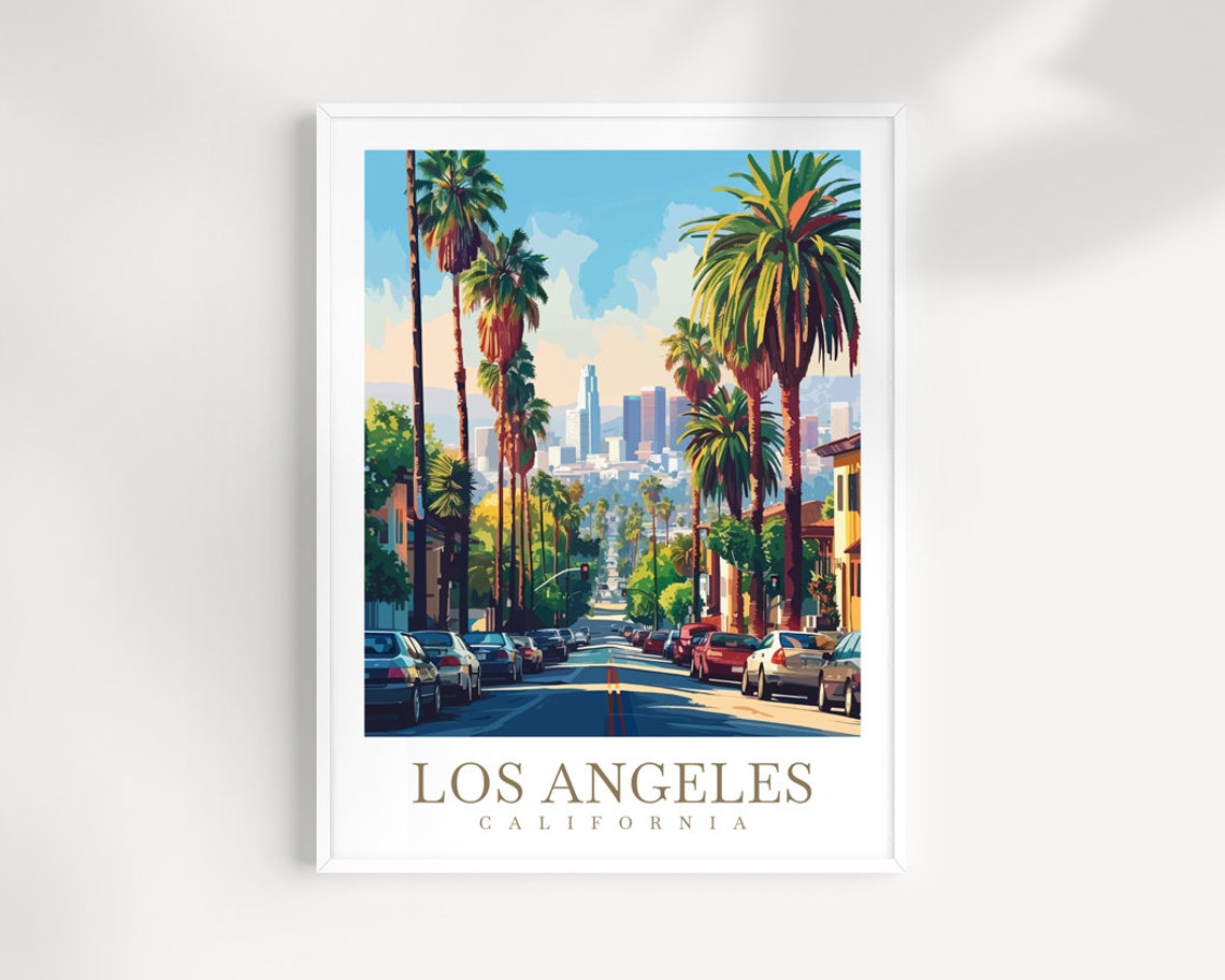 Los Angeles California Palm Lined Street With Downtown Skyline Poster
