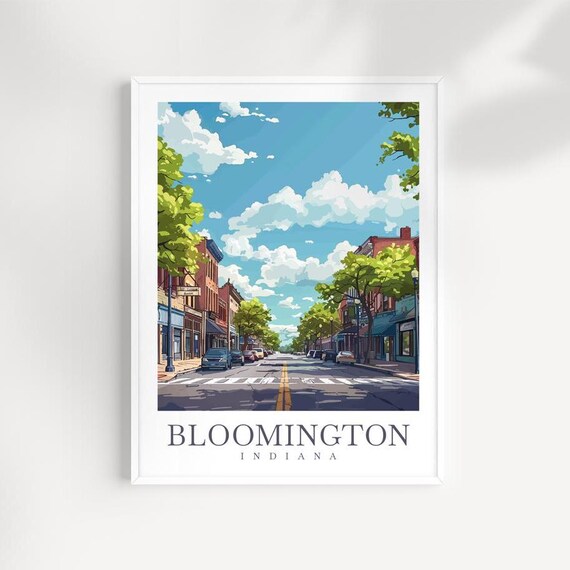 Bloomington Indiana Sunny Main Street Summer Day Vintage Travel Poster
