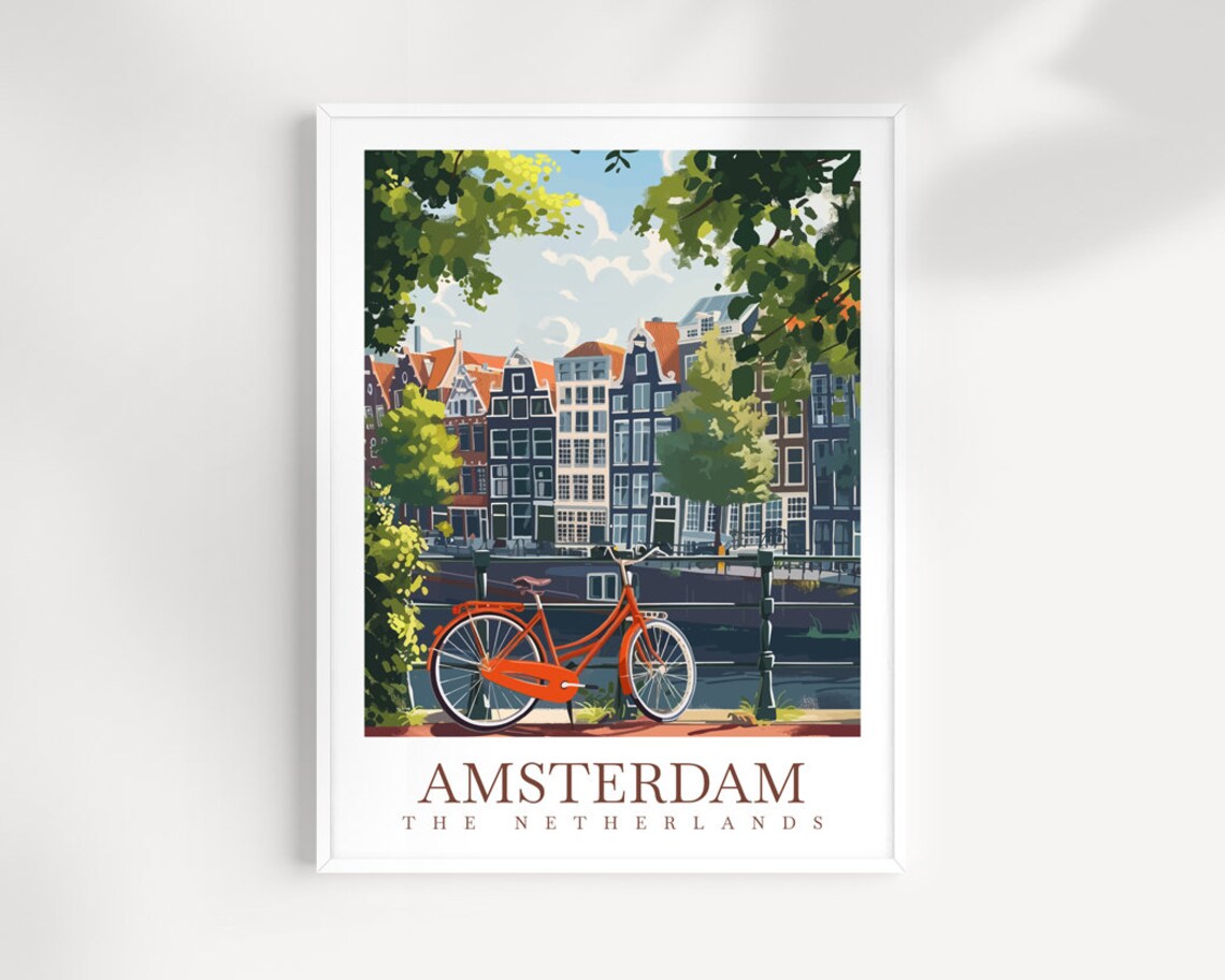 Amsterdam Netherlands Canal Red Bicycle Bridge Vintage Travel Poster