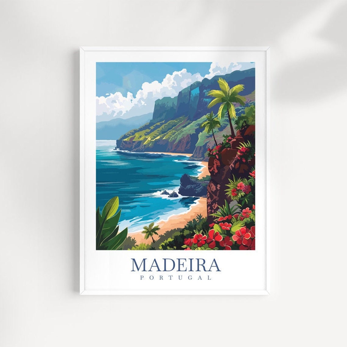 Madeira Portugal Green Cliffs Ocean Beach Hibiscus Travel Poster