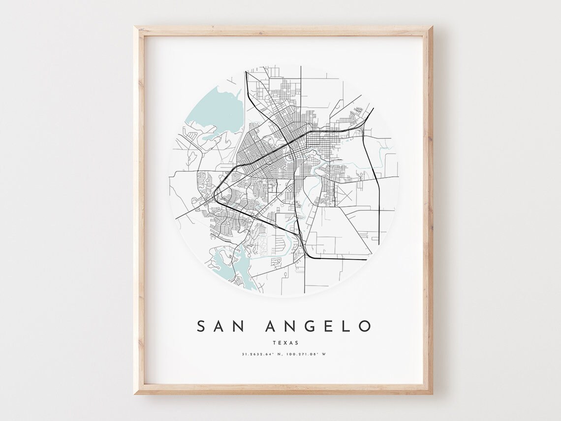 San Angelo Texas City Street Map Minimalist Circle Art Poster