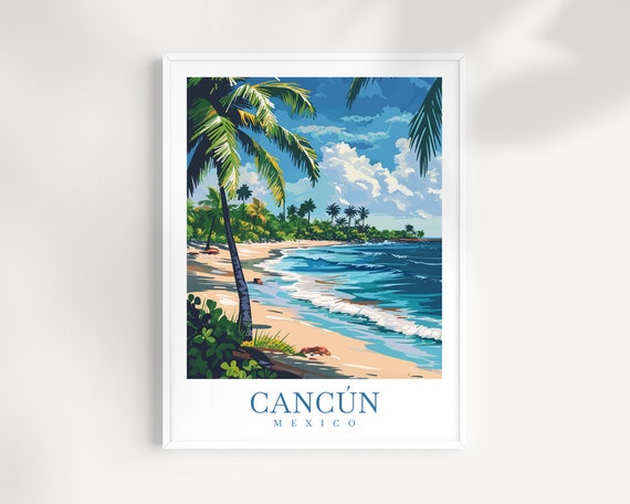 Cancun Mexico Palm Fringed White Sand Beach Vintage Travel Poster