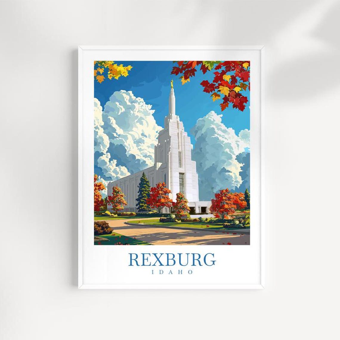 Rexburg Idaho White Temple Spire Fall Color Vista Scene Poster