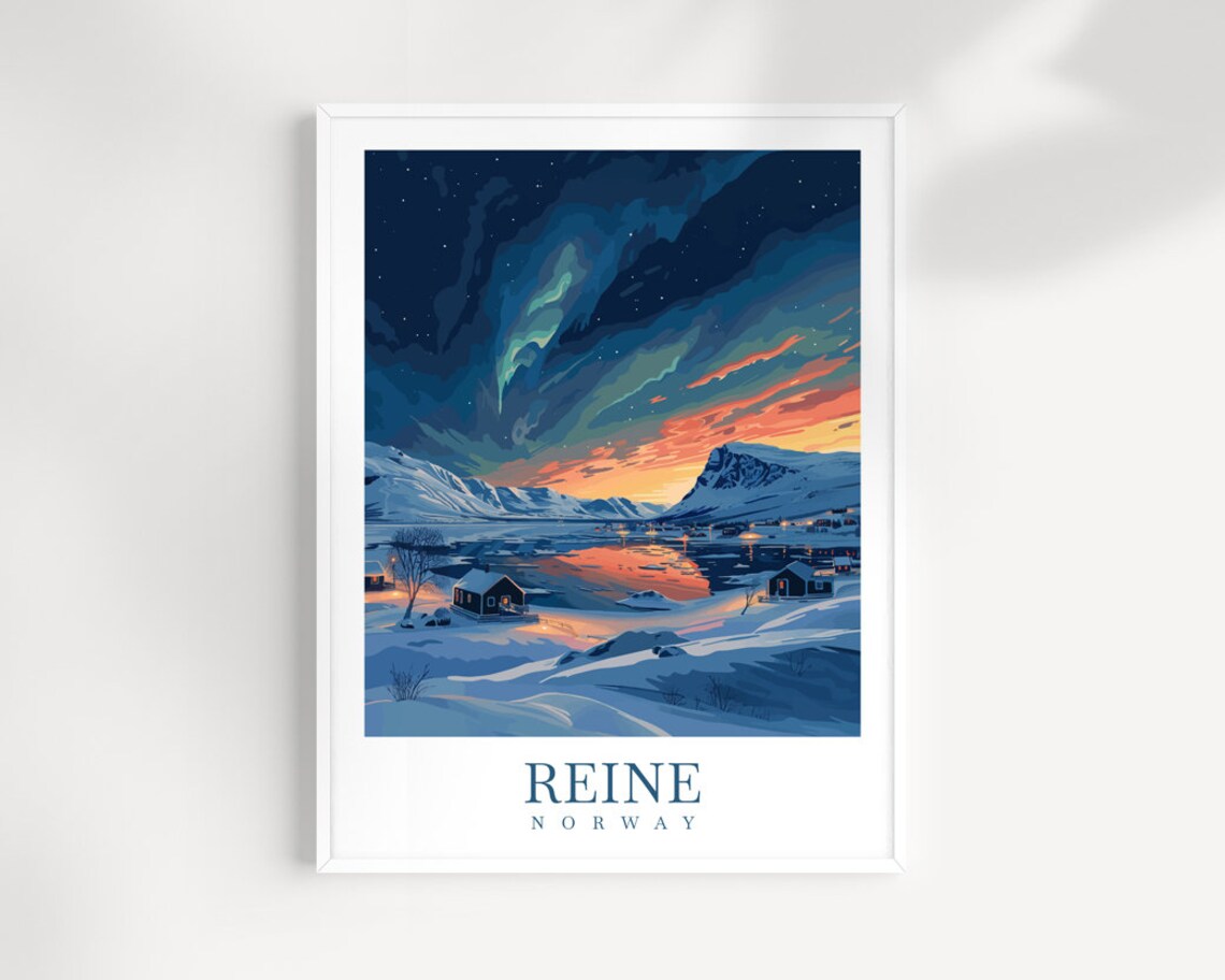 Reine Norway Northern Lights Snowy Cabins Fjord Night Travel Poster