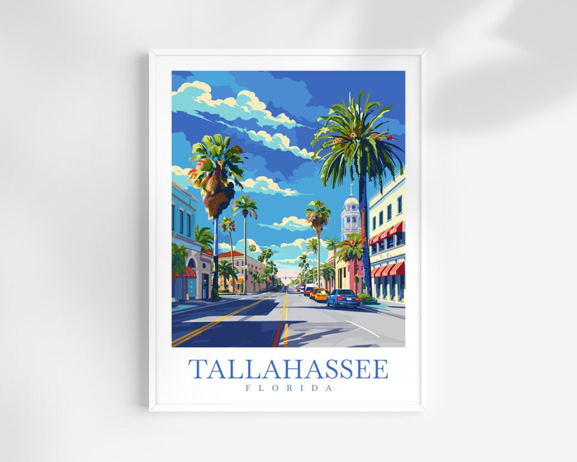 Tallahassee Florida Palm Lined Downtown Street Vintage Travel Poster