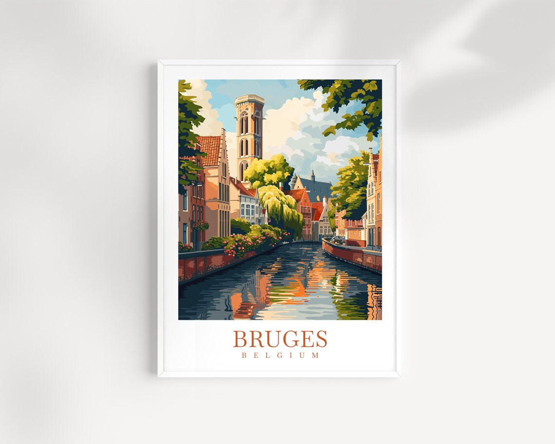 Bruges Belgium Canal View Vintage European Cityscape Travel Poster
